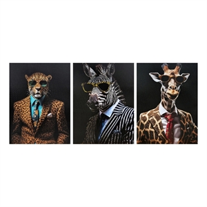 Dapper Safari Gentlemen Multi-Color Canvas Wall Art - Wood Frame - Set of 3