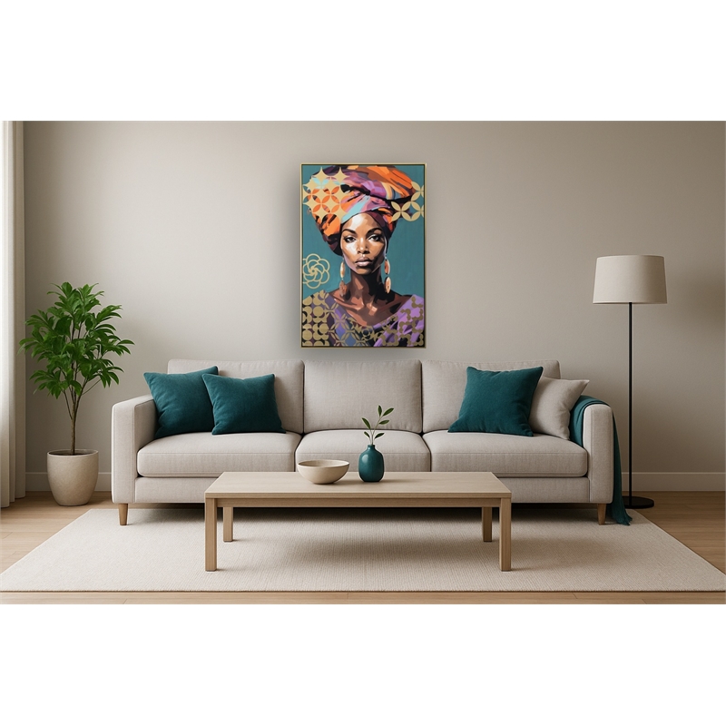 Radiant Elegance Afrocentric Muse Multi-Color Canvas Wall Art - Gold Wood Frame