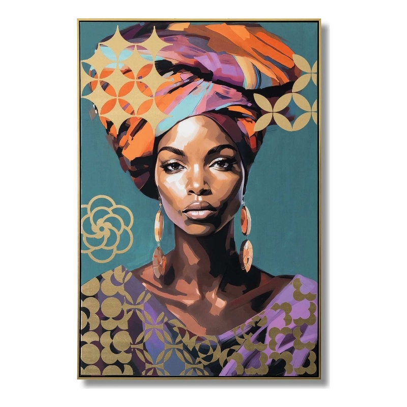 Radiant Elegance Afrocentric Muse Multi-Color Canvas Wall Art - Gold Wood Frame