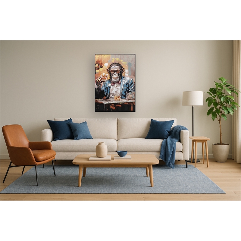 Chimpanzee with Drink Multi-Color Canvas Wall Art - Black Wood Frame - 28