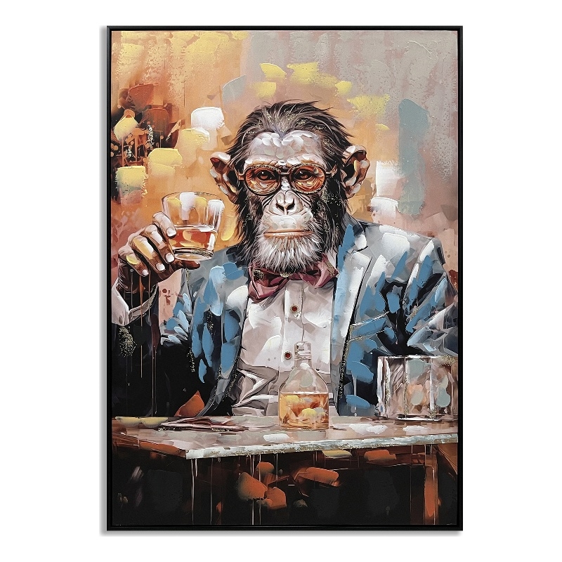 Chimpanzee with Drink Multi-Color Canvas Wall Art - Black Wood Frame - 28