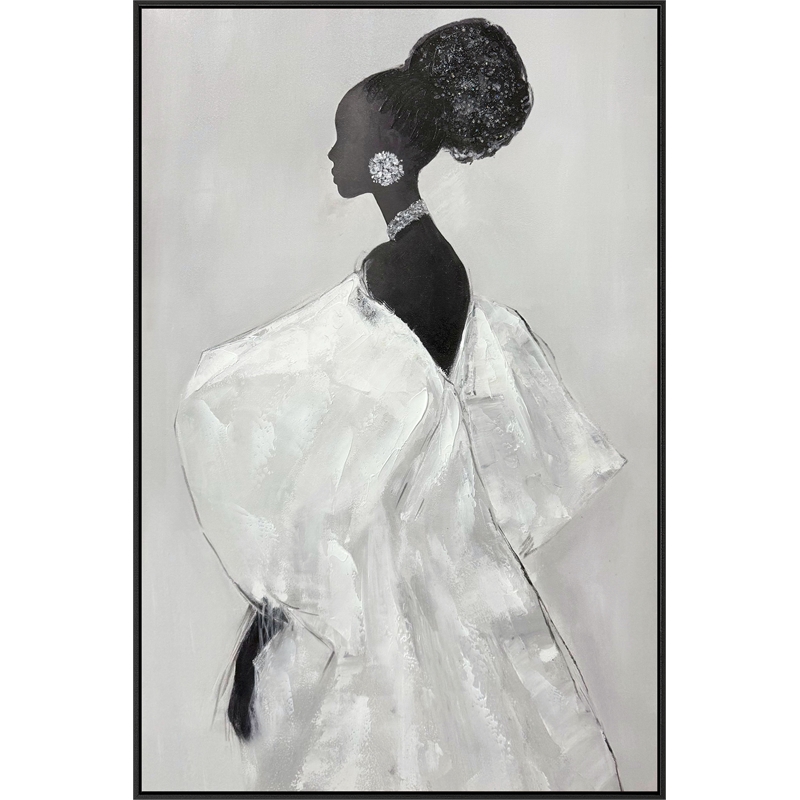 White Elegant Silhouette I Framed Canvas Wall Art w/ Rocks - Black Wood Frame