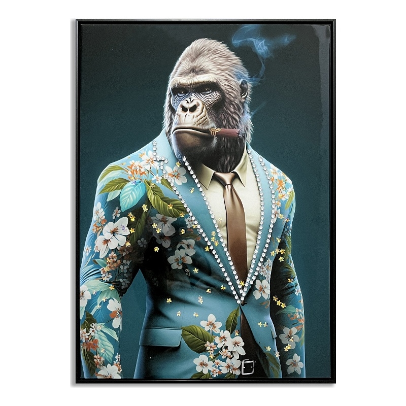 Teal Suit Gorilla Art Multi-Color Canvas Wall Art - Black Wood Frame - 21