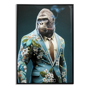 Teal Suit Gorilla Art Multi-Color Canvas Wall Art - Black Wood Frame - 21&quot x 29&quot