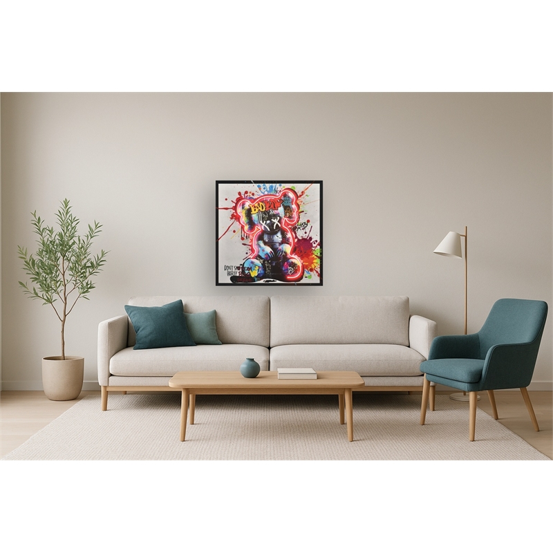 Graffiti Bear Mixed Media Art Multi-Color Canvas Neon Wall Art - Wood Frame