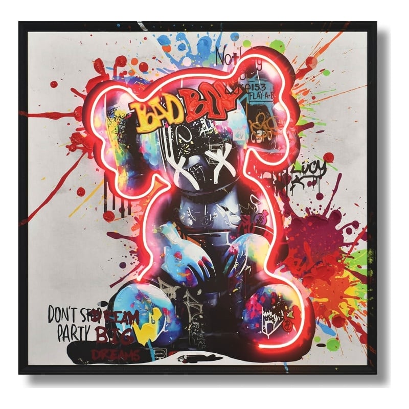 Graffiti Bear Mixed Media Art Multi-Color Canvas Neon Wall Art - Wood Frame