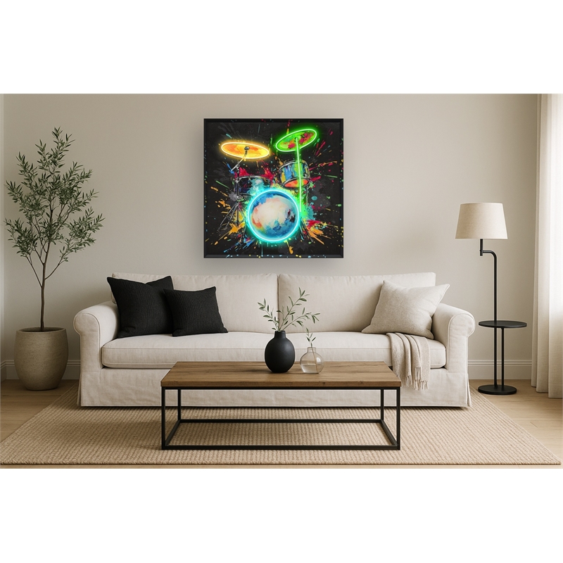 Vivid Neon Drum Art Multi-Color Canvas Wall Art - Black Engineered Wood Frame