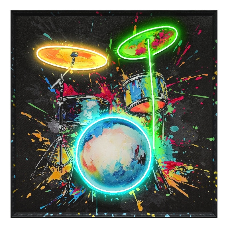 Vivid Neon Drum Art Multi-Color Canvas Wall Art - Black Engineered Wood Frame