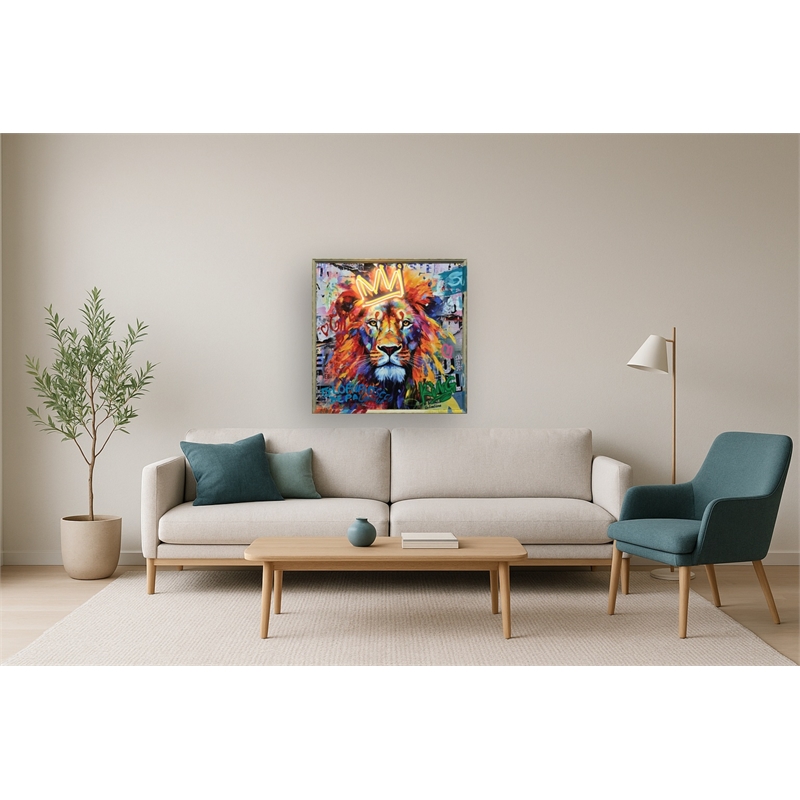 Lion with Crown Multi-Color Canvas Neon Wall Art - Engineered Wood Frame