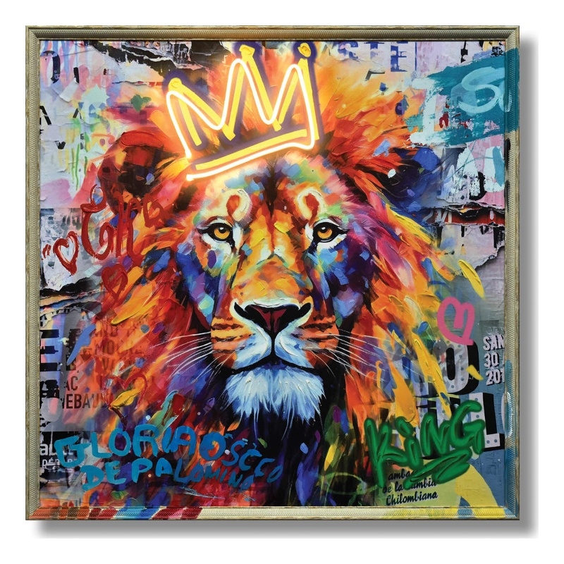 Lion with Crown Multi-Color Canvas Neon Wall Art - Engineered Wood Frame