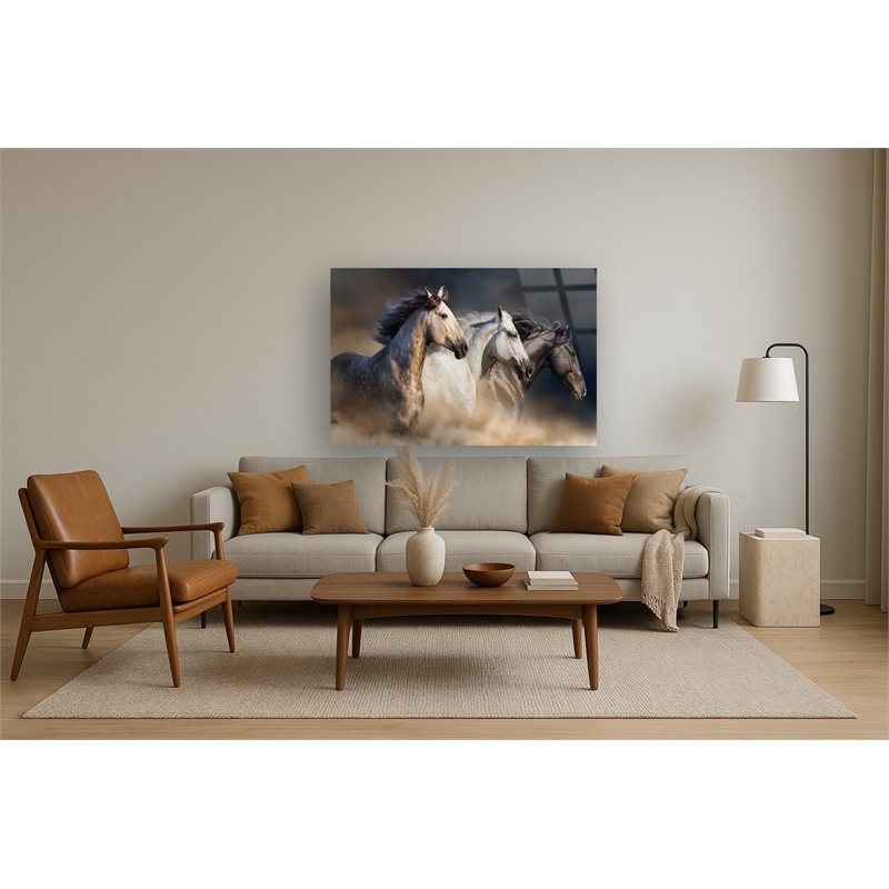Wild Stallion Trio Frameless Multi-Color Tempered Glass Wall Art - 60