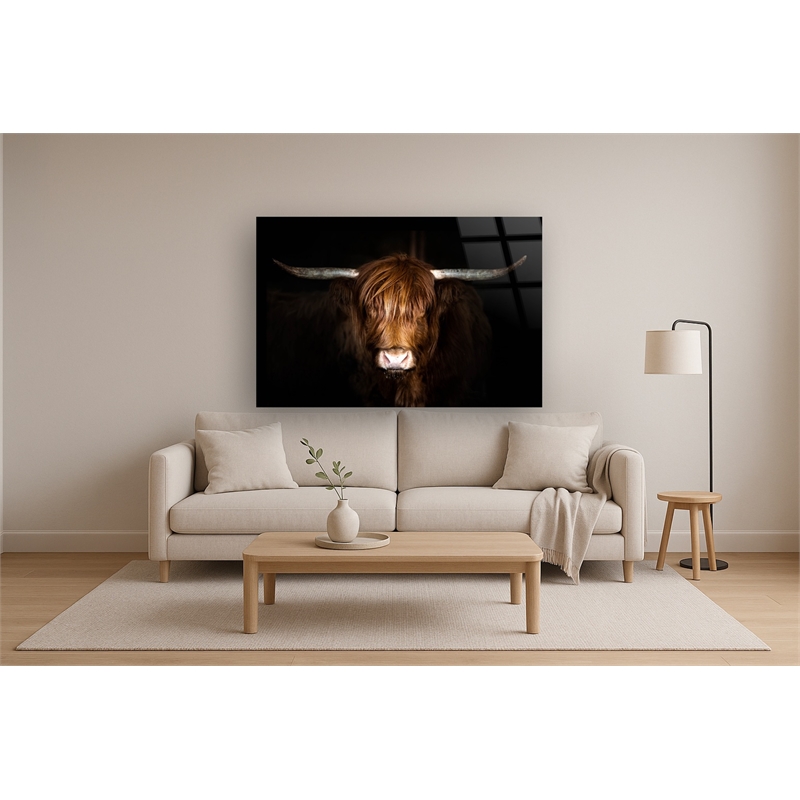 Highland Cow on Black Frameless Multi-Color Tempered Glass Wall Art - 60