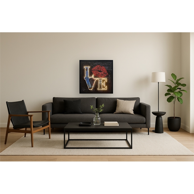 Love Neon Art with Red Lips Multi-Color Canvas Wall Art - Engineered Wood Frame