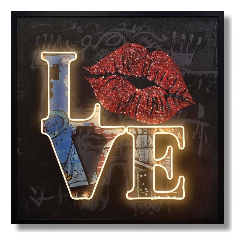 Love Neon Art with Red Lips Multi-Color Canvas Wall Art - Engineered Wood Frame