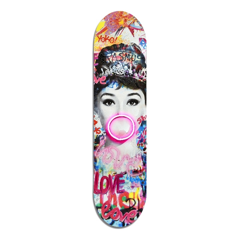 Skateboard Deck Hand Embellished Multi-Color Neon Wall Art - Wood Frame
