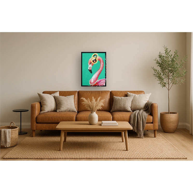 Musical Neon Flamingo Multi-Color Canvas Wall Art - Black Engineered Wood Frame