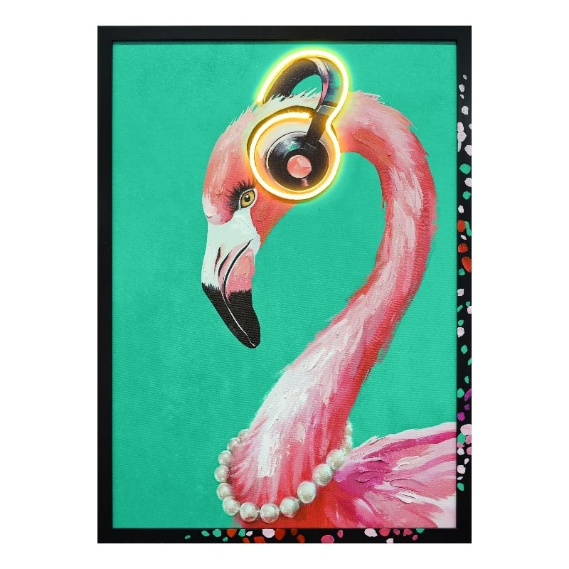 Musical Neon Flamingo Multi-Color Canvas Wall Art - Black Engineered Wood Frame