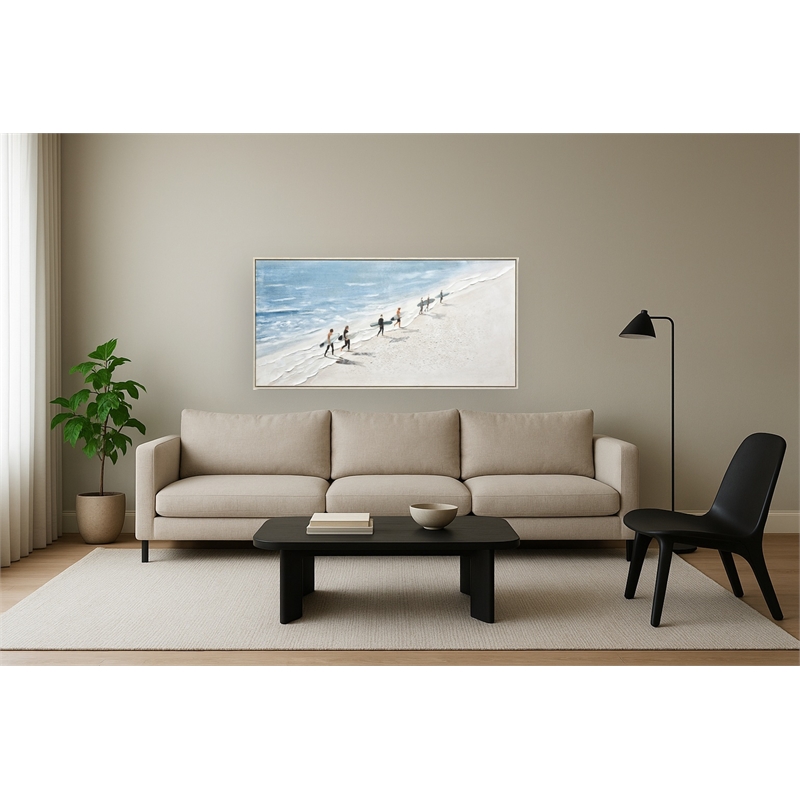 Surfer Stroll on Sunlit Shore Multi-Color Canvas Wall Art - Beige Wood Frame