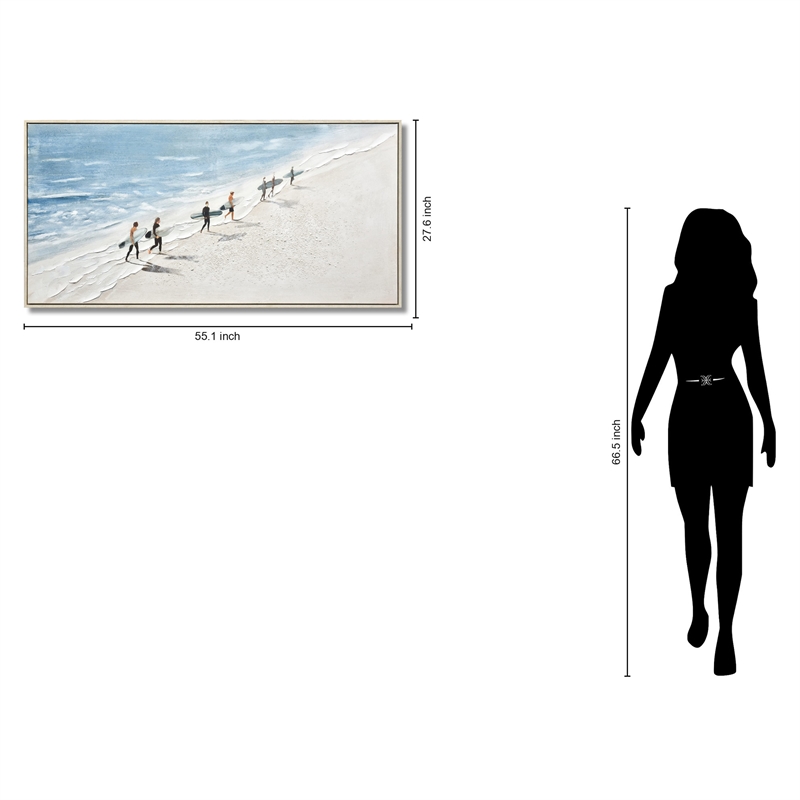 Surfer Stroll on Sunlit Shore Multi-Color Canvas Wall Art - Beige Wood Frame