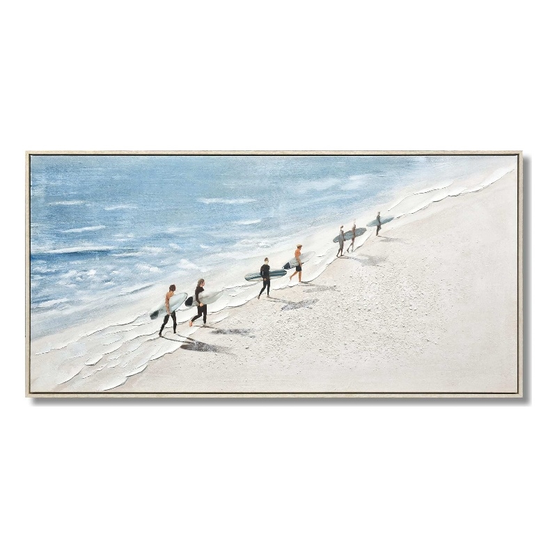 Surfer Stroll on Sunlit Shore Multi-Color Canvas Wall Art - Beige Wood Frame