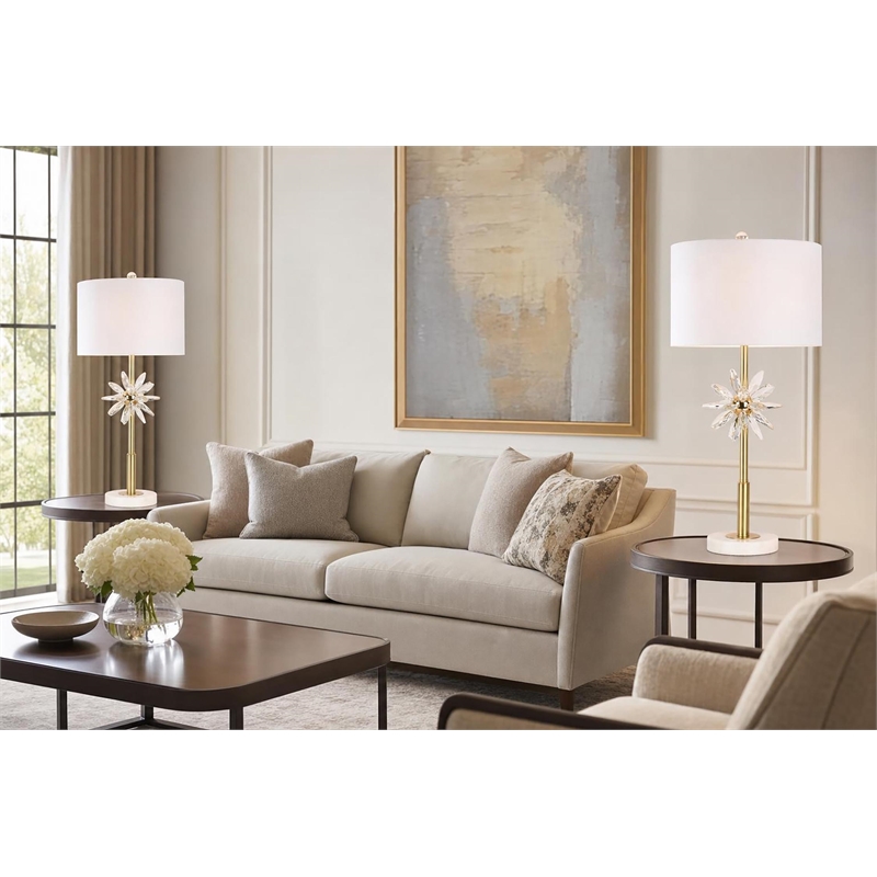 Crystal Bloom Table Lamp - White Marble Clear Crystal & Soft Gold