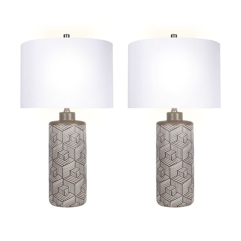 Geometric Harmony Ceramic Table Lamp - Brown & White - Set of 2 - Metal