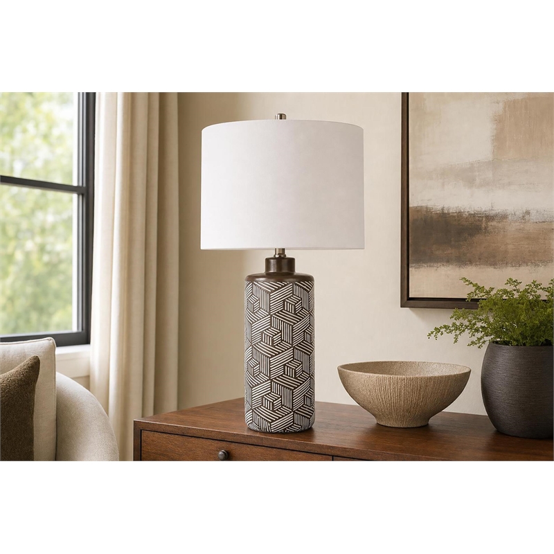 Geometric Harmony Ceramic Table Lamp - Brown & White - Set of 2 - Metal