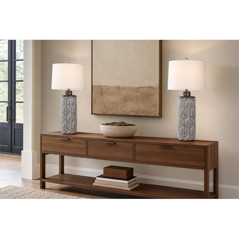 Geometric Harmony Ceramic Table Lamp - Brown & White - Set of 2 - Metal