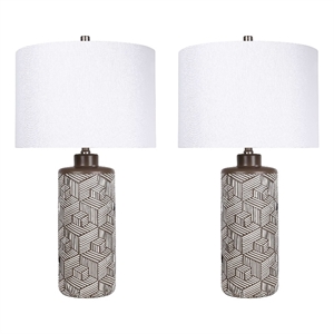 Geometric Harmony Ceramic Table Lamp - Brown & White - Set of 2 - Metal