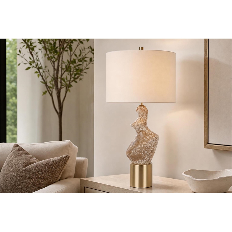Sculptural Serenity Ceramic Table Lamp - Cream Stone & Soft Gold - Metal
