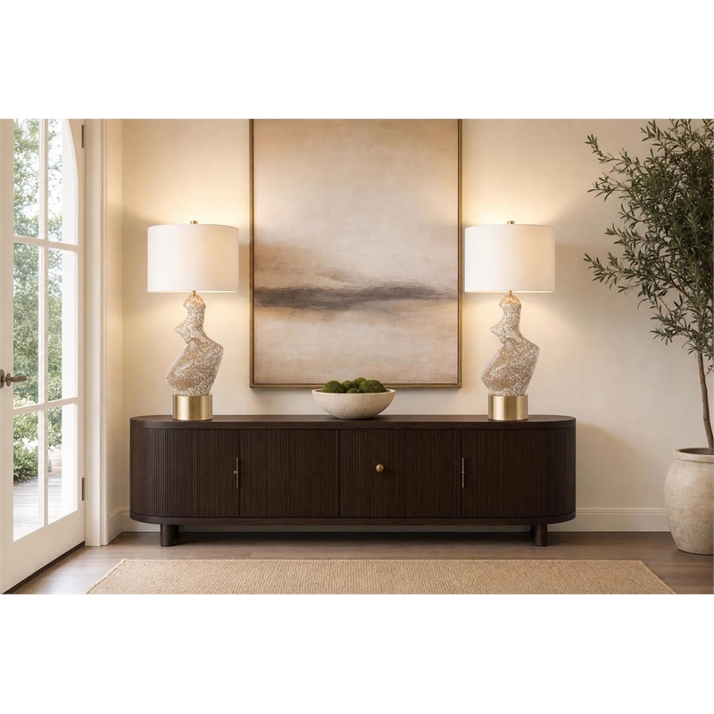 Sculptural Serenity Ceramic Table Lamp - Cream Stone & Soft Gold - Metal