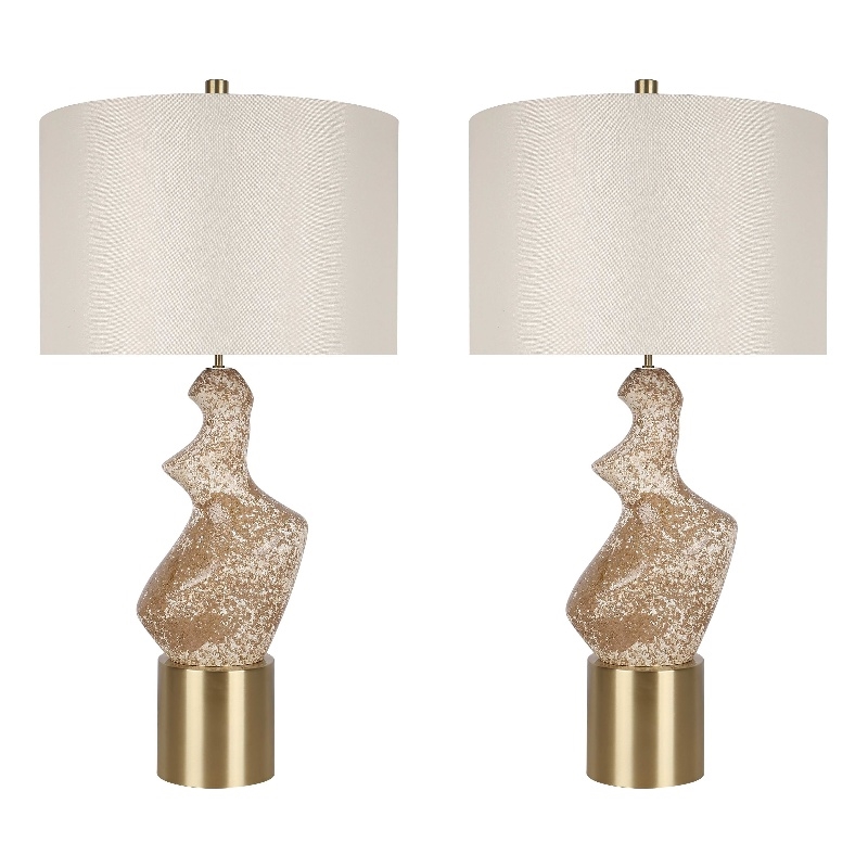 Sculptural Serenity Ceramic Table Lamp - Cream Stone & Soft Gold - Metal