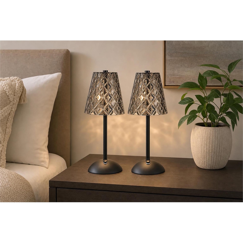 Crystal Radiance Rechargeable LED Metal Table Lamp - Matte Black & Smoke