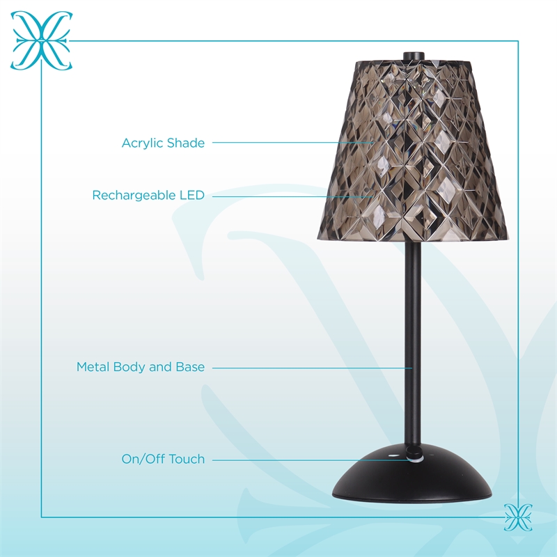 Crystal Radiance Rechargeable LED Metal Table Lamp - Matte Black & Smoke