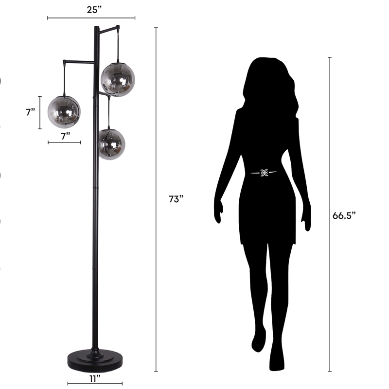 Globe Cascade Metal Floor Lamp - Polished Chrome - Smoked Glass Globes