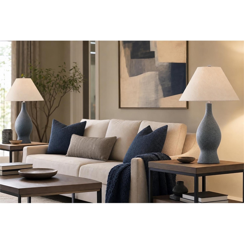 Cerulean Elegance Ceramic Table Lamp - Blue Grey - Set of 2 - Metal