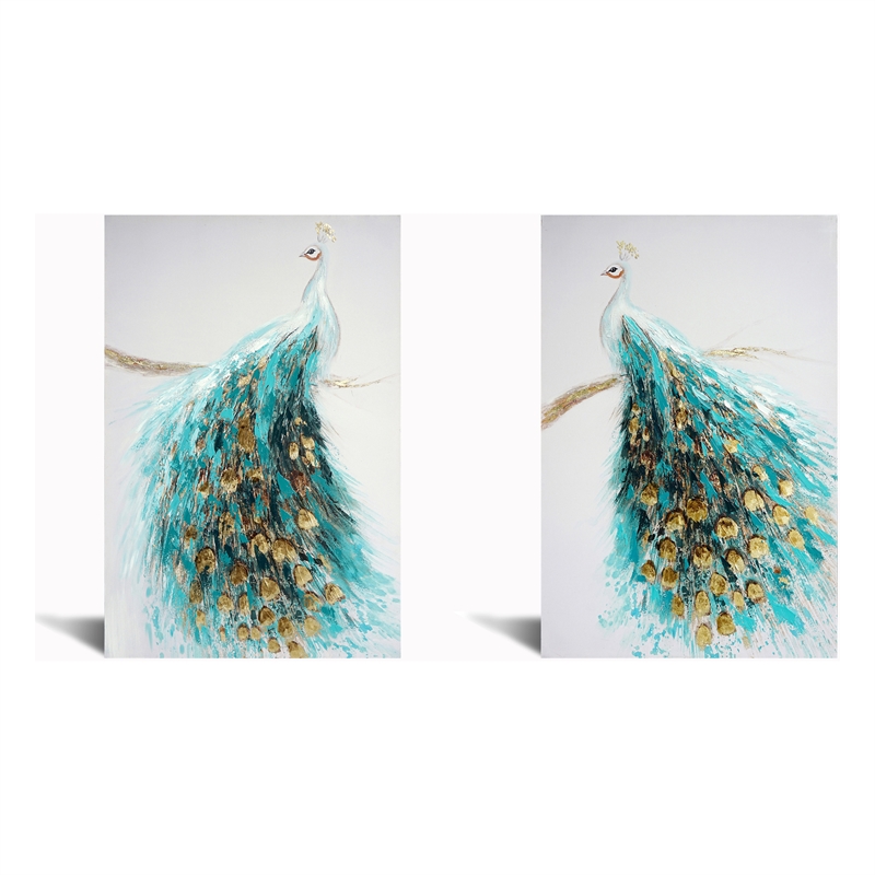 Opulent Peacock Pair in Teal & Gold Canvas Wall Art - Multicolor