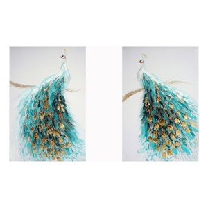 Opulent Peacock Pair in Teal & Gold Canvas Wall Art - Multicolor
