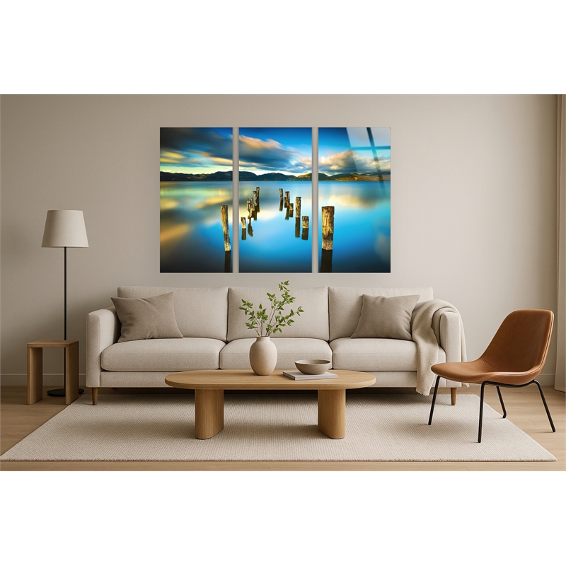Serene Reflection Frameless Tempered Glass w/ Foil Triptych - Multicolor