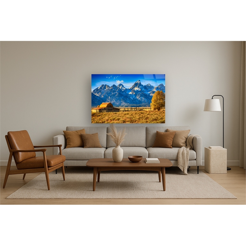 Mountainous Barn Frameless Tempered Glass Wall Art - Multicolor