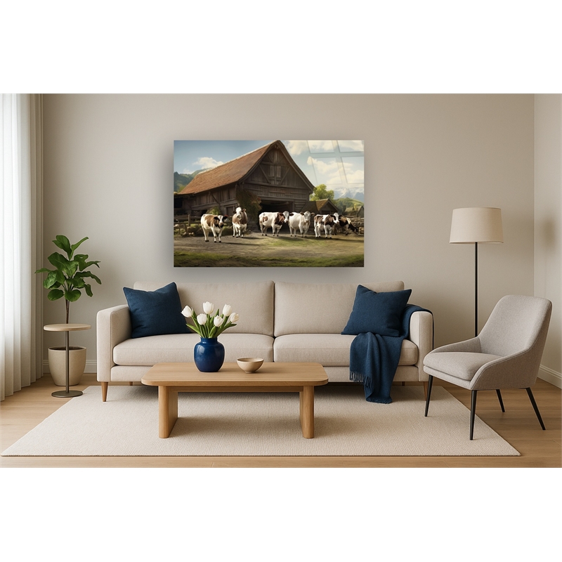 Rustic Farm with Cows Frameless Tempered Glass Wall Art - Multicolor
