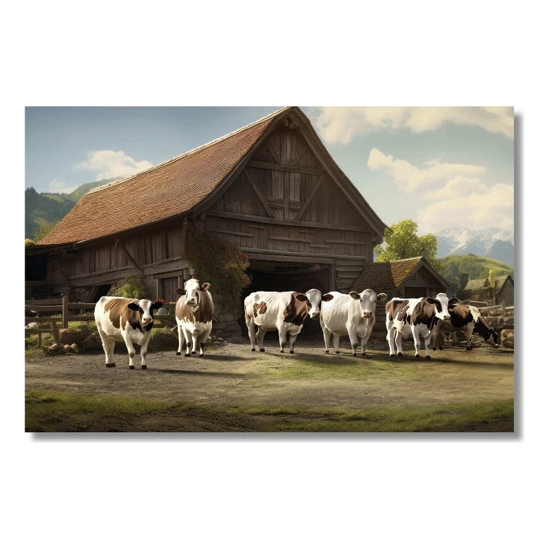 Rustic Farm with Cows Frameless Tempered Glass Wall Art - Multicolor