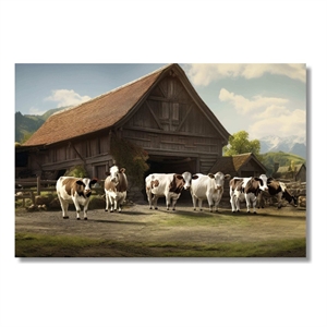 Rustic Farm with Cows Frameless Tempered Glass Wall Art - Multicolor