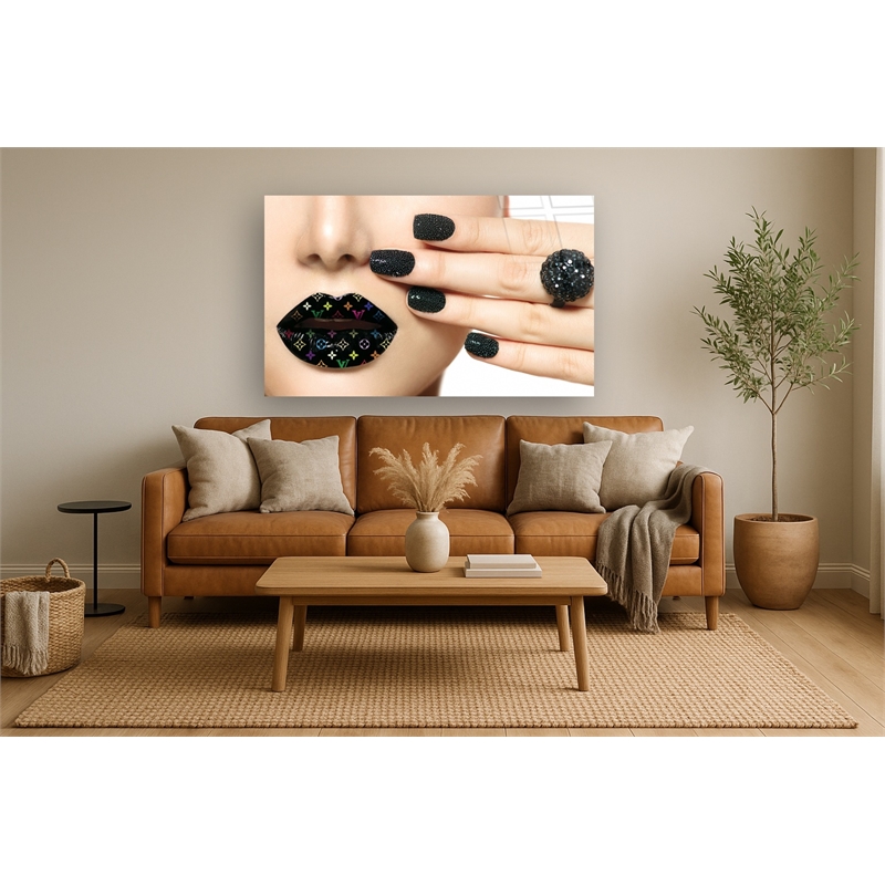 Design Her Lips Rhinestones Frameless Tempered Glass Wall Art - Multicolor