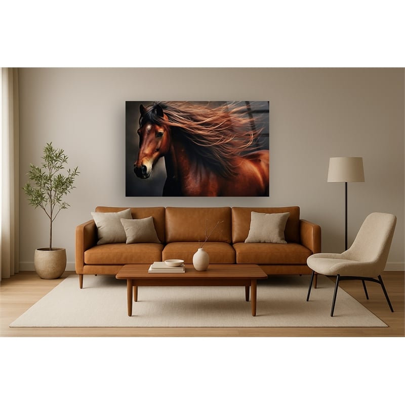 Chestnut Horse in the Wind Frameless Tempered Glass Wall Art - Multicolor