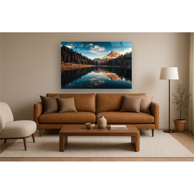 Mountain Reflection Frameless Tempered Glass Wall Art - Multicolor