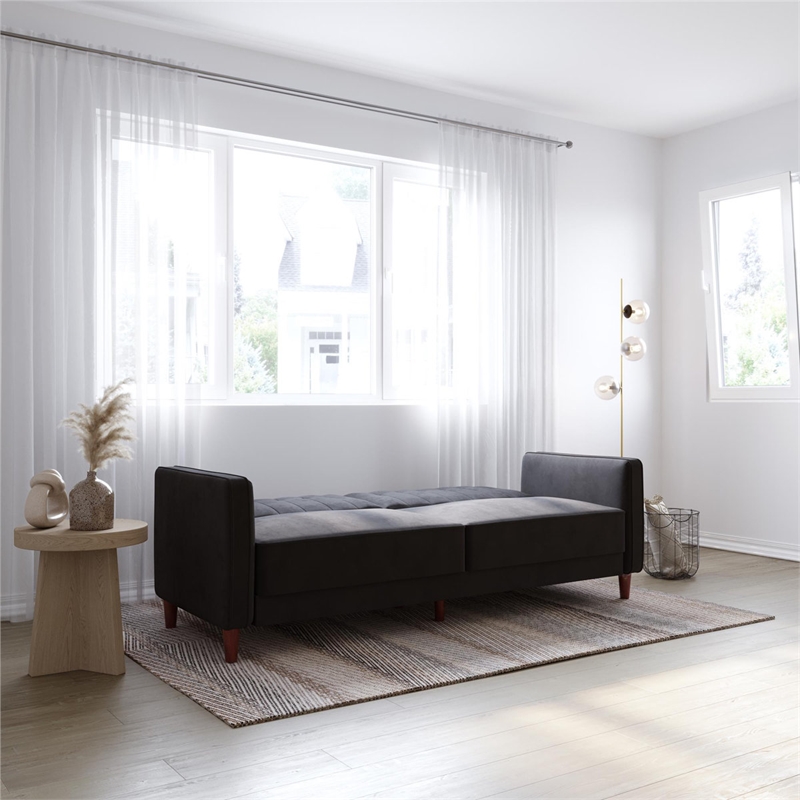 Elara Channel Tufted Transitional Convertible Sofa - Futon in Black Velvet