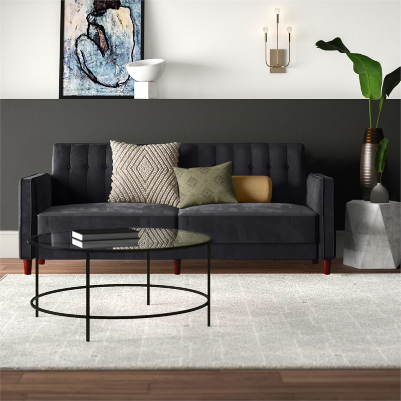 Elara Channel Tufted Transitional Convertible Sofa - Futon in Black Velvet