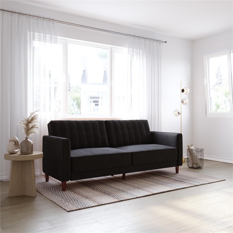 Elara Channel Tufted Transitional Convertible Sofa - Futon in Black Velvet