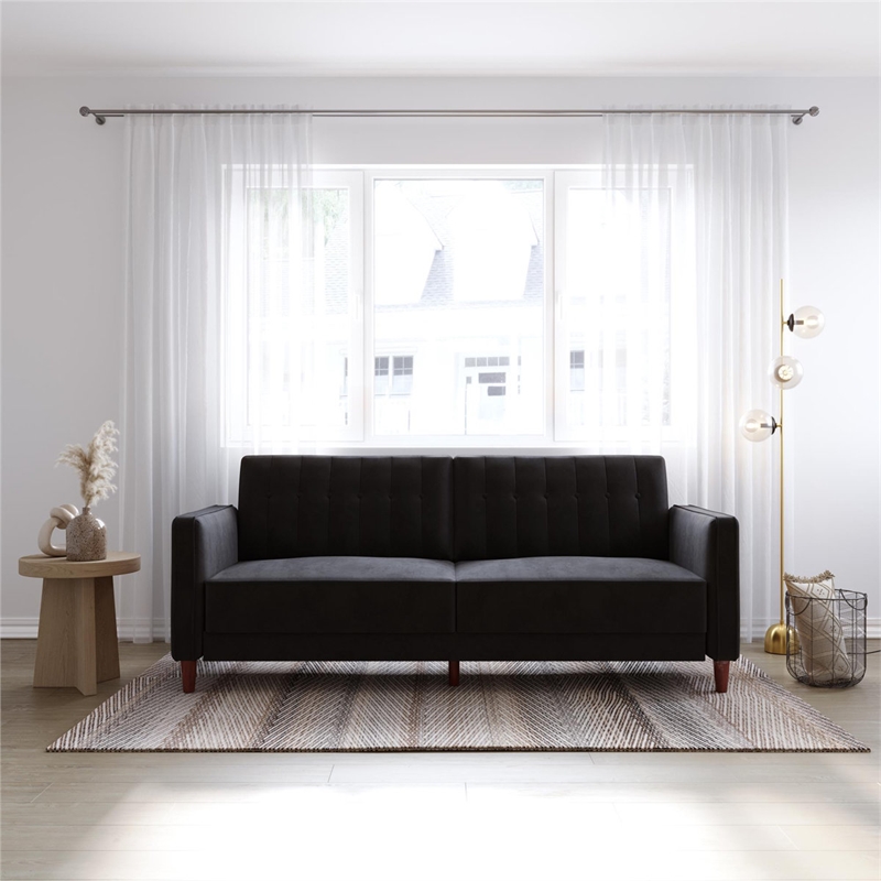 Elara Channel Tufted Transitional Convertible Sofa - Futon in Black Velvet